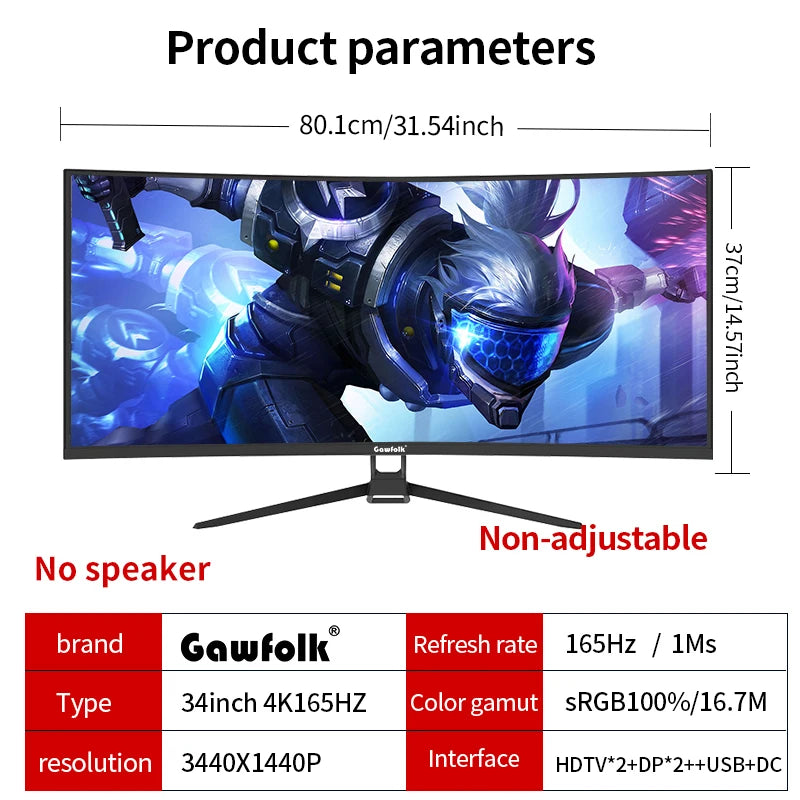 Gawfolk 34 Inch 144Hz Curved Gaming Monitor Bezel-less Slim 1500R HDR400 100 Percent sRGB Wide Color Gamut Fast VA Panel