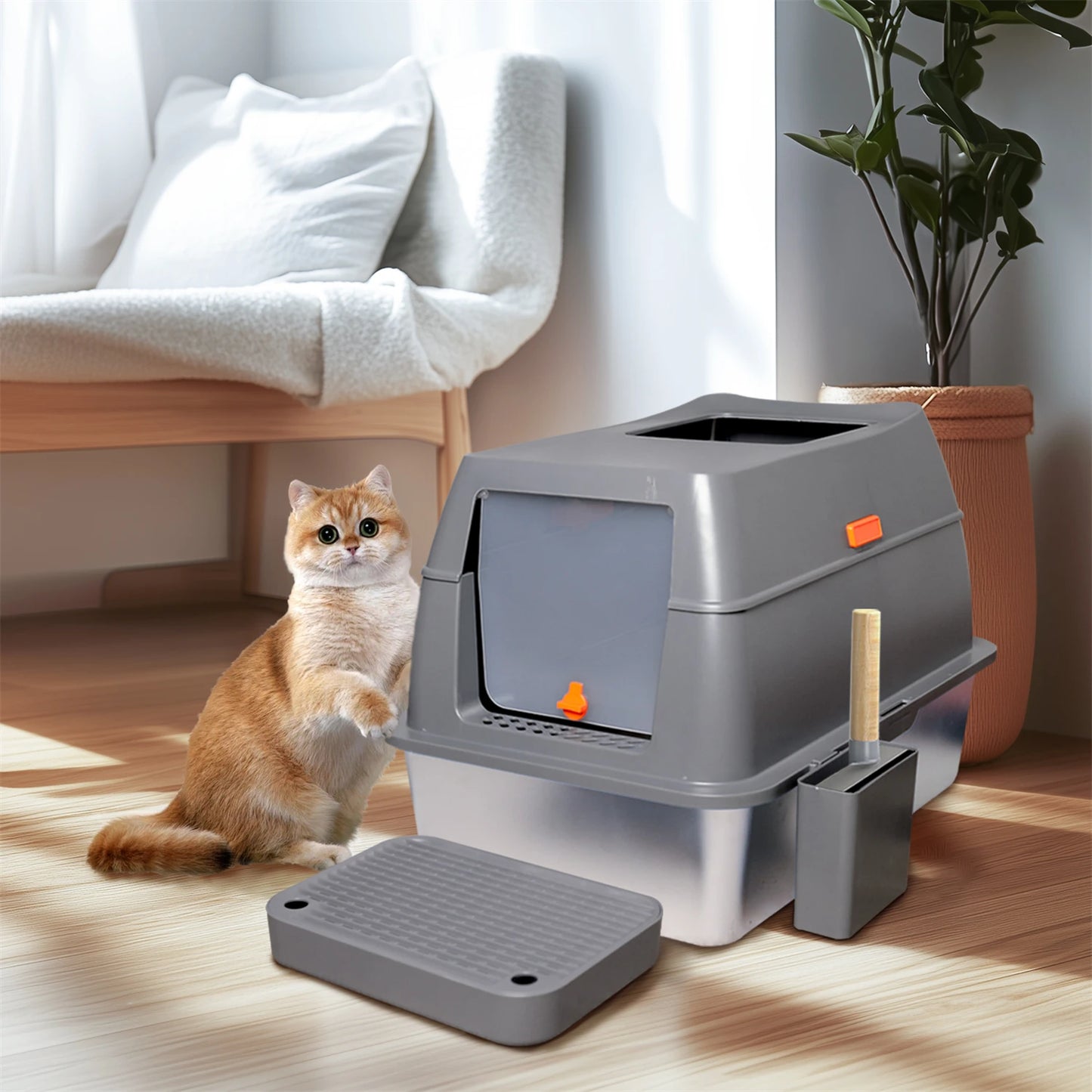 Enclosed Stainless Steel Cat Litter Box with Lid Extra Large for Big Cats Metal Litter Pan Tray High Wall Sides