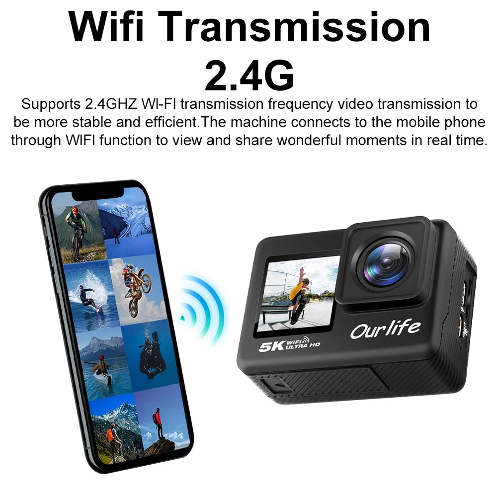 Action Camera 5K 4K 60FPS EIS WiFi 170 Degree 2.0 Inch Touch Screen 30M Waterproof 5X Zoom Sport Camera With Remote Control And 32GB Card