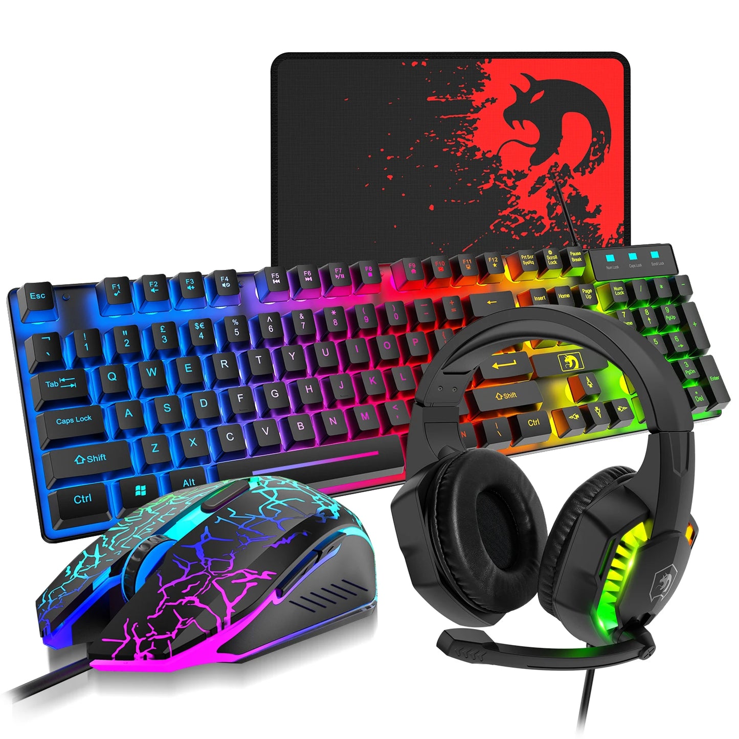 Mambasnake T11 Wired Gaming Keyboard and Mouse Headset Combo Rainbow LED Backlit Wired Keyboard