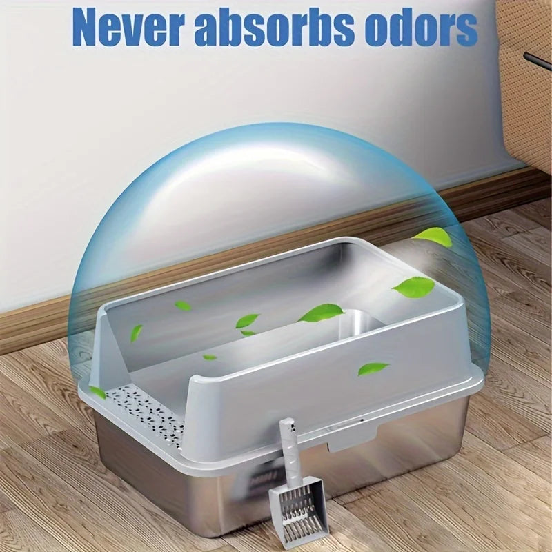 Super Large XL Stainless Steel Litter Box With Lid High Side Suitable For Large And Small Cats Removable Odor Including Spoon