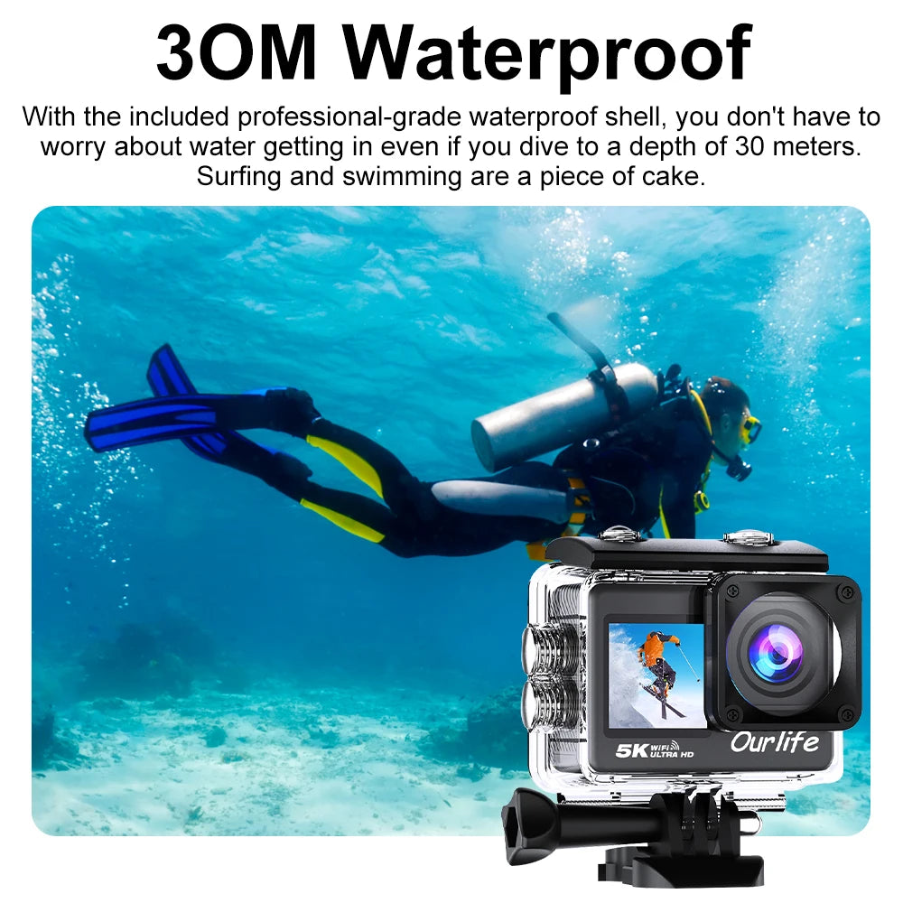 Action Camera 5K 4K 60FPS EIS WiFi 170 Degree 2.0 Inch Touch Screen 30M Waterproof 5X Zoom Sport Camera With Remote Control And 32GB Card