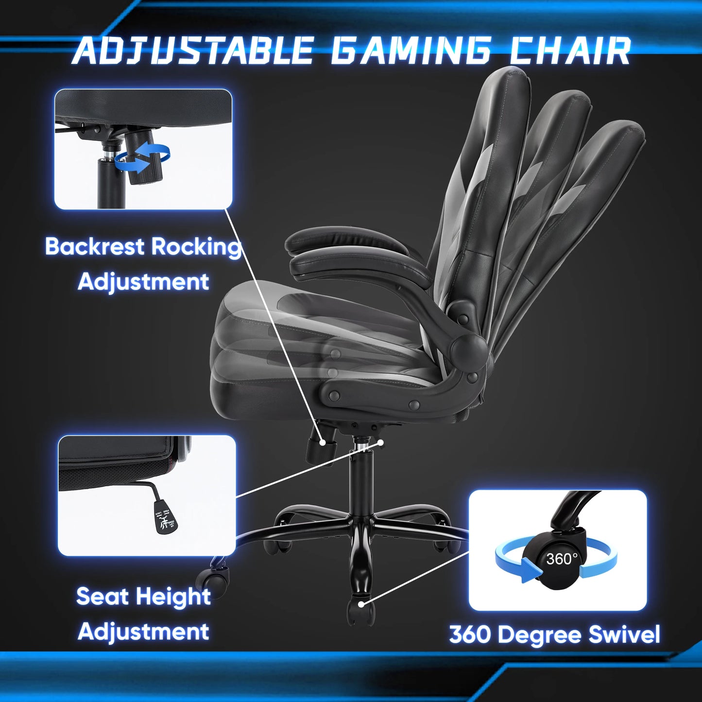 JHK Ergonomic Office Computer Gaming Desk Chair Adjustable PU Leather Racing Chair with Flip-Up Armrest