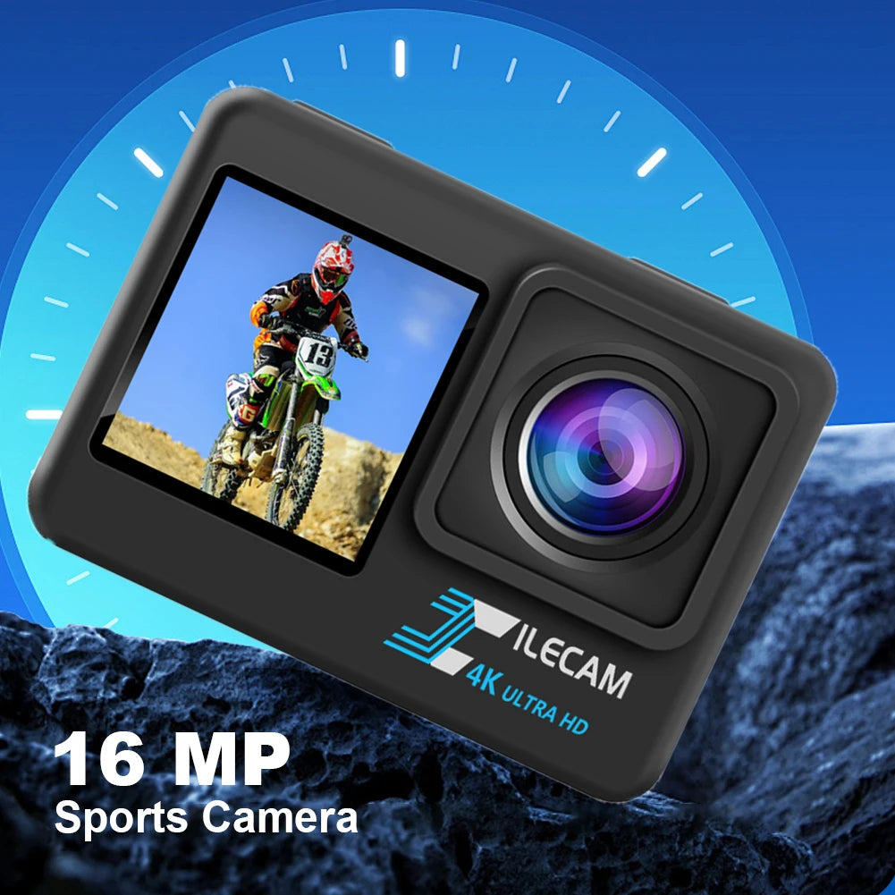4K UHD Action Camera Dual Screen 2 Inch IPS Display Outdoor Sports Camera 120 Wide Angle 30M Waterproof