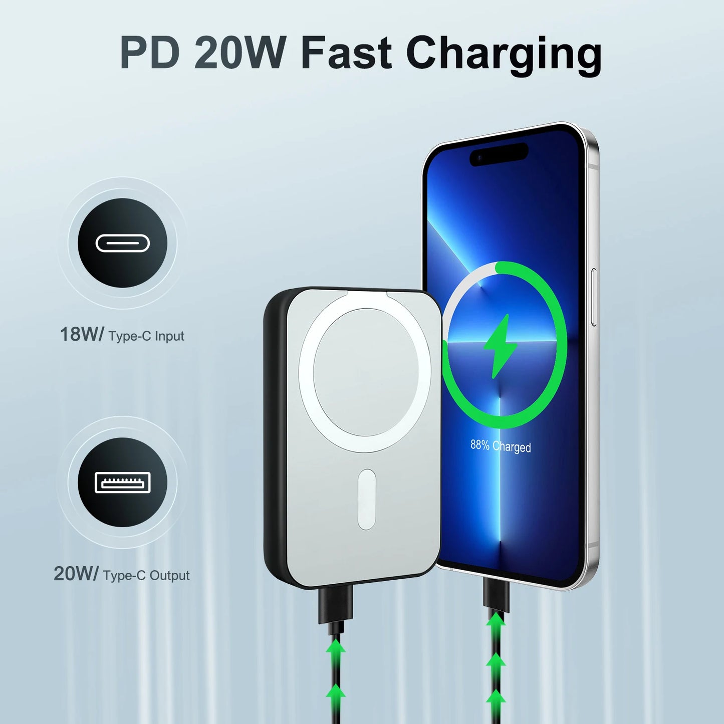 Magnetic Wireless Portable Charger Power Bank 10000mAh PD20W with Built-In LED Display for iPhone 16 15 14 13 12 Pro Mini Pro Max