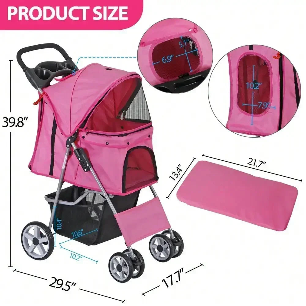Foldable Carrier Strolling Cart 4 Wheel Pet Stroller for Cats and Dogs with Cup Holder