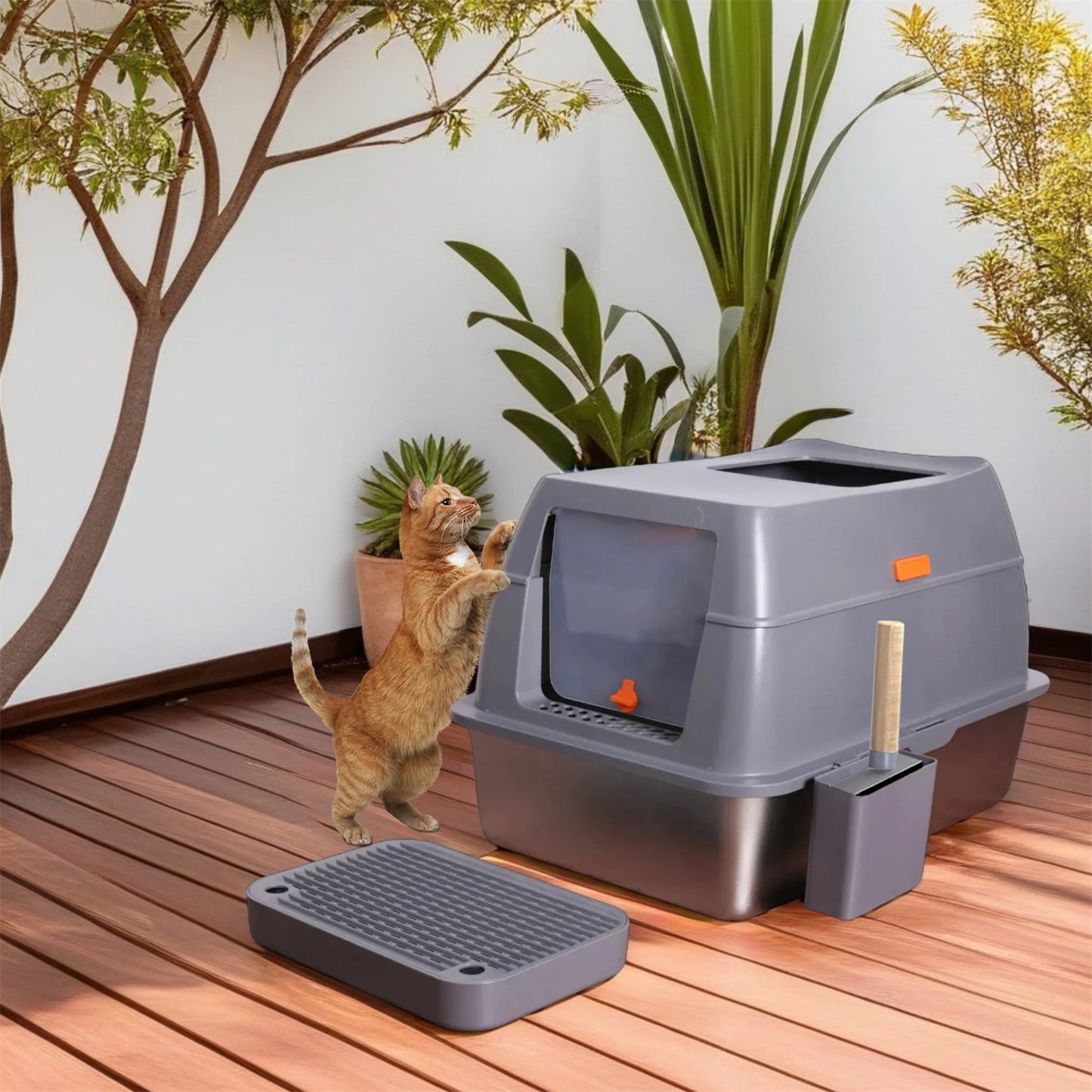 Enclosed Stainless Steel Cat Litter Box with Lid Extra Large for Big Cats Metal Litter Pan Tray High Wall Sides