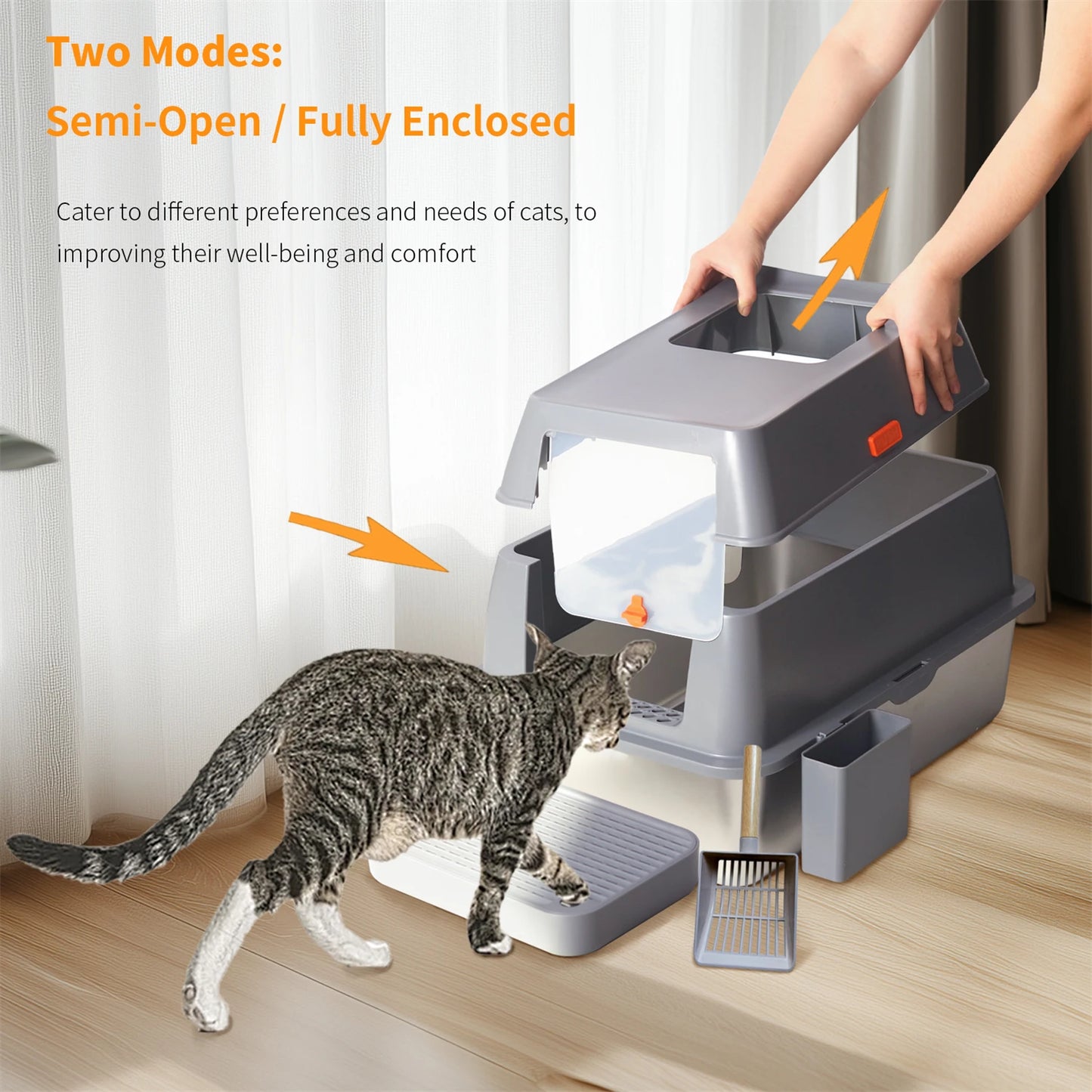 Enclosed Stainless Steel Cat Litter Box with Lid Extra Large for Big Cats Metal Litter Pan Tray High Wall Sides
