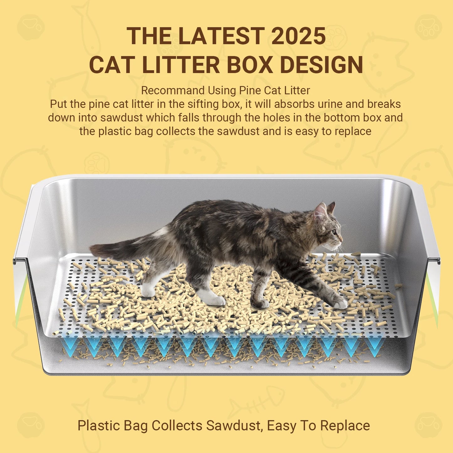 XL Stainless Steel Sifting Cat Litter Box for Large Cats Easy Clean Odor Control for Wood Pine Pellets