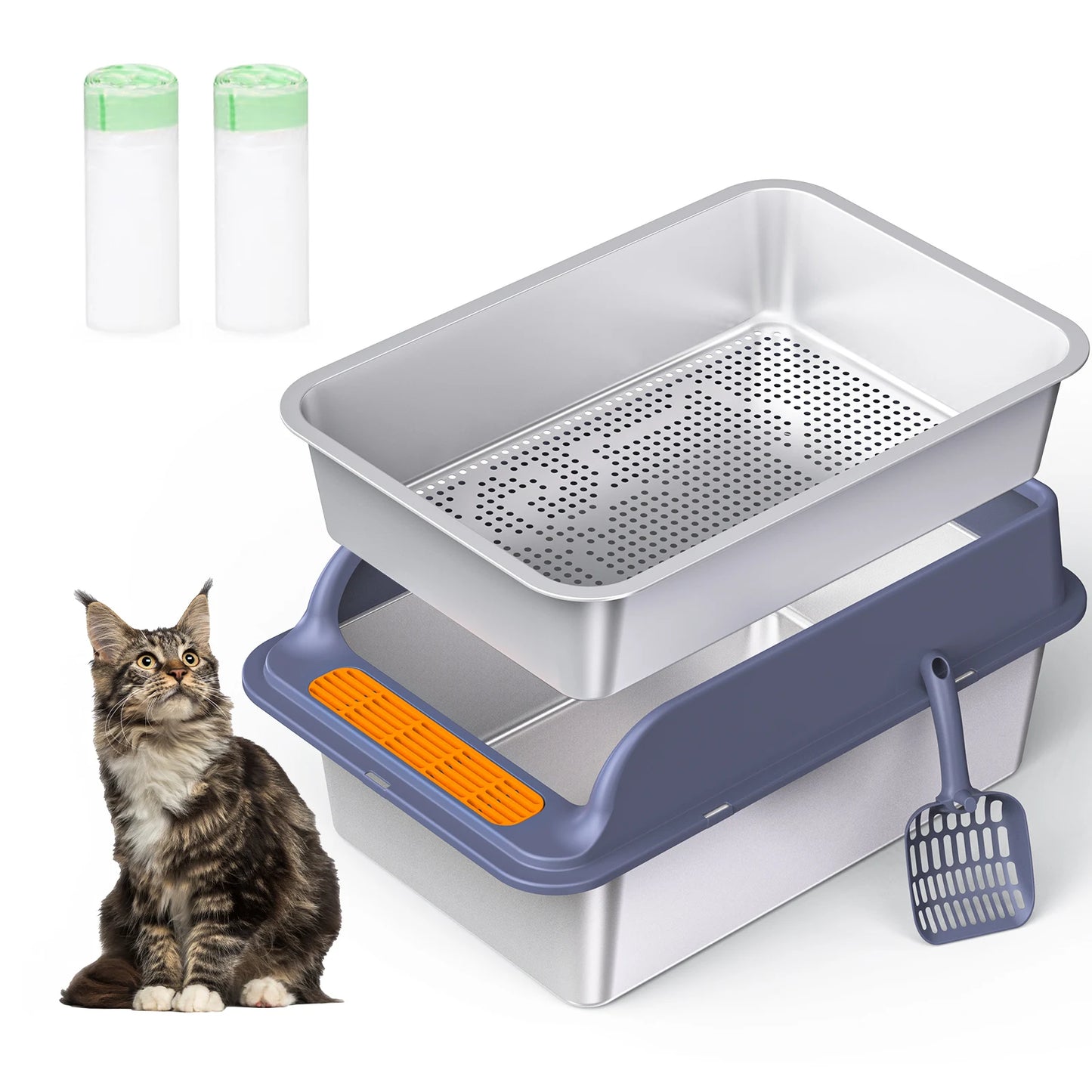XL Stainless Steel Sifting Cat Litter Box for Large Cats Easy Clean Odor Control for Wood Pine Pellets