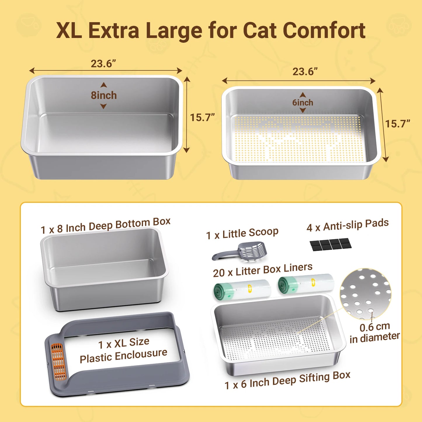XL Stainless Steel Sifting Cat Litter Box for Large Cats Easy Clean Odor Control for Wood Pine Pellets