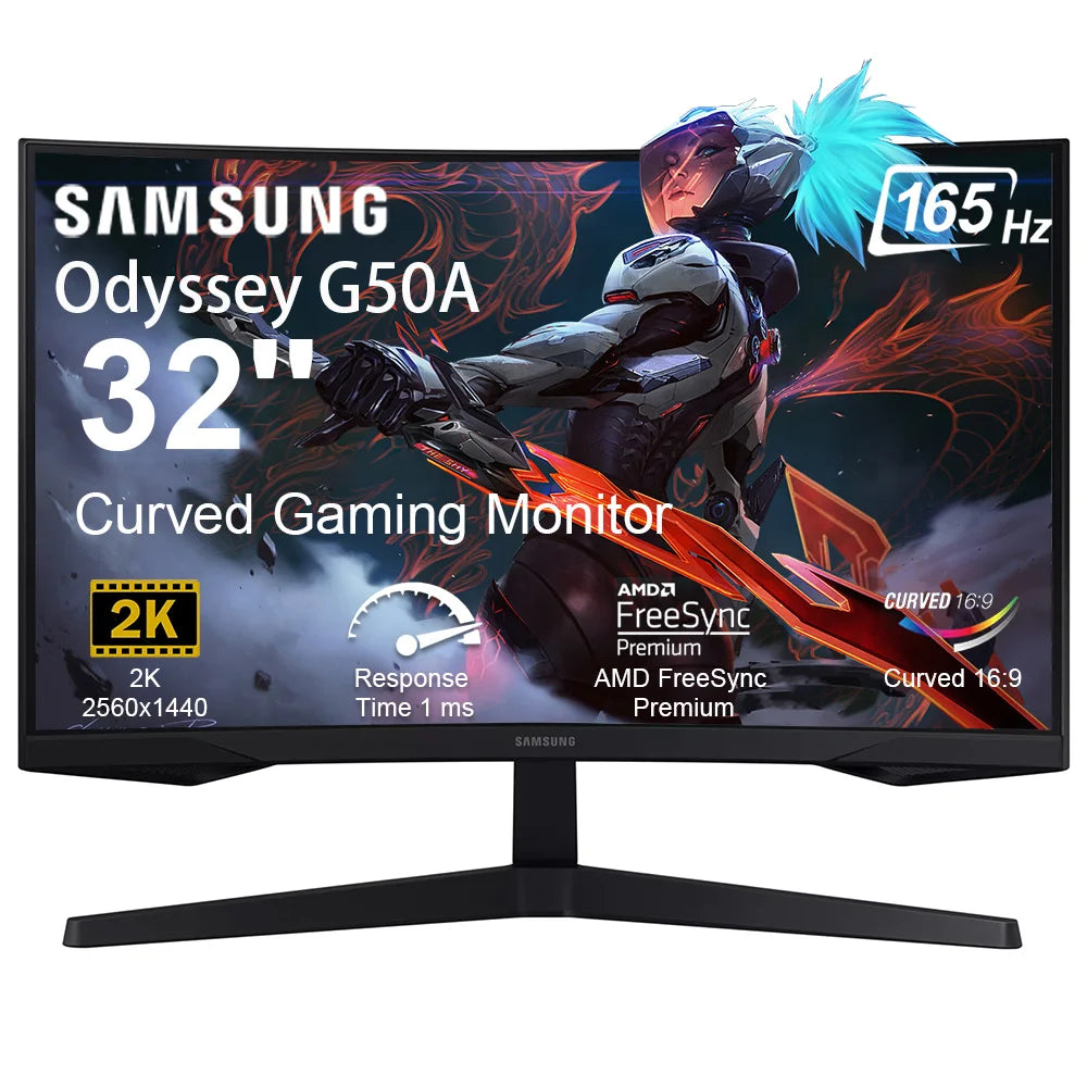 Samsung Odyssey G550A 32 Inch Gaming Monitor QHD 2560 x 1440 1Ms 165Hz Curved Monitor AMD FreeSync Premium Realistic HDR Black
