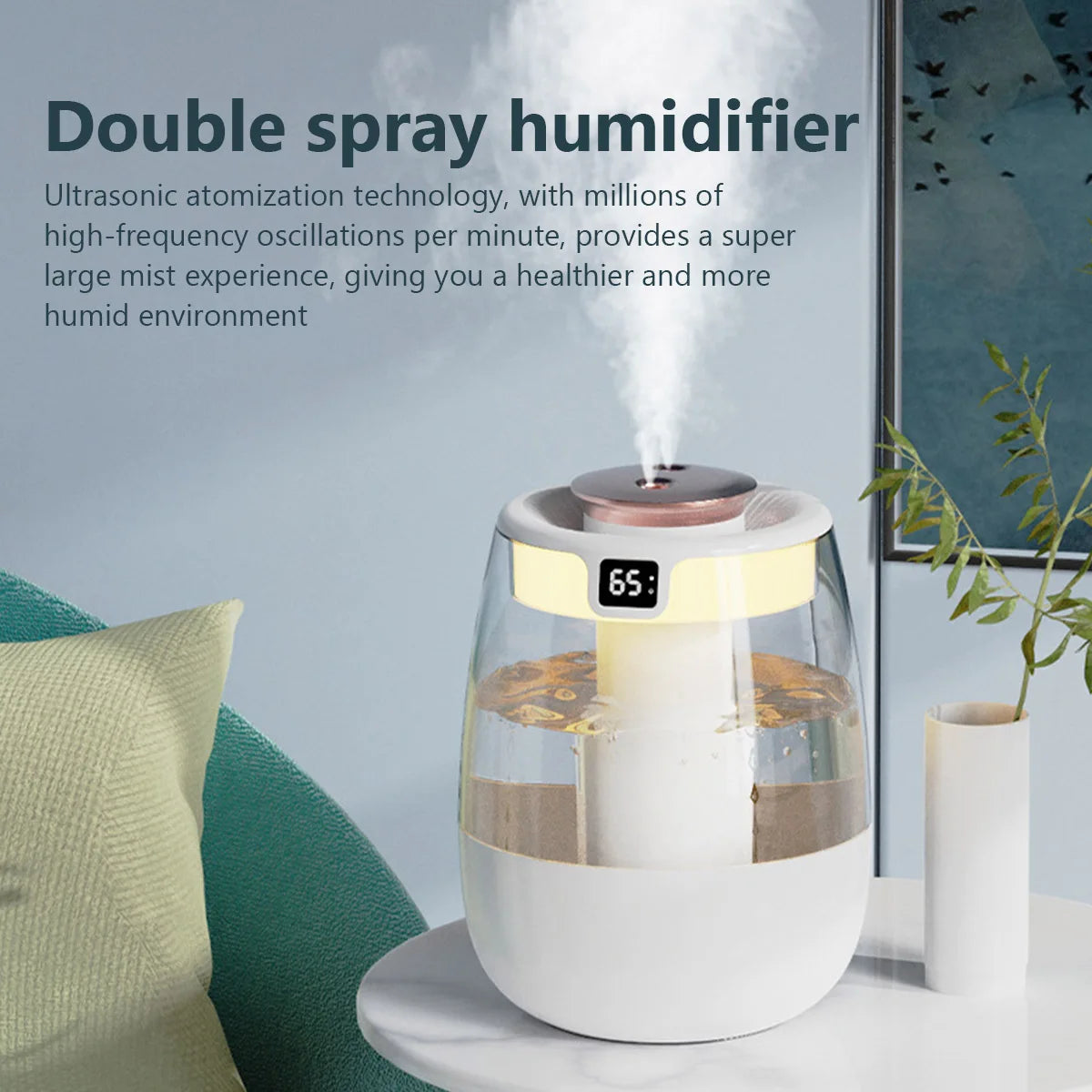 USB Portable Dual Nozzle Cold Fog Silent Humidifier with AI Intelligent Digital Display