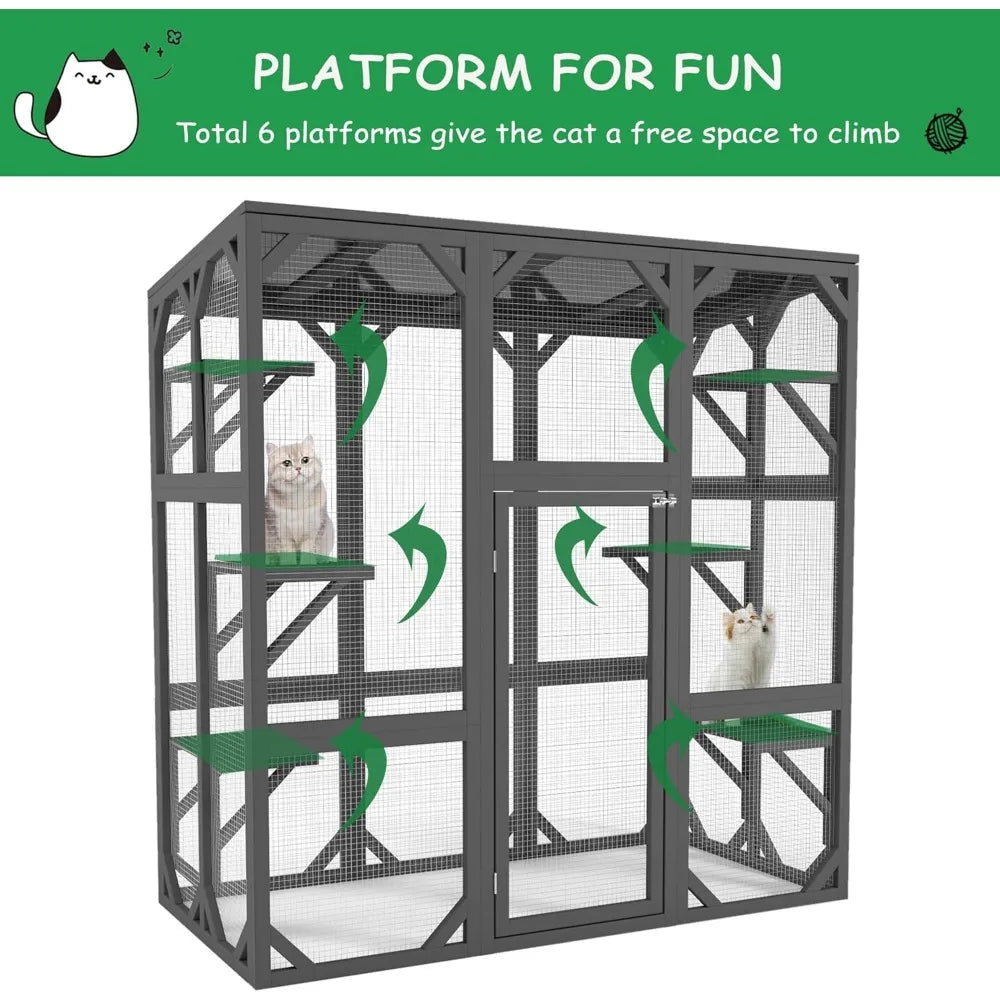 Outdoor Wooden Cat House Catio Large Cat Enclosure with 6 Platforms Waterproof Roof Secure Mesh Walls and Locking Door Feral Cat Shelter