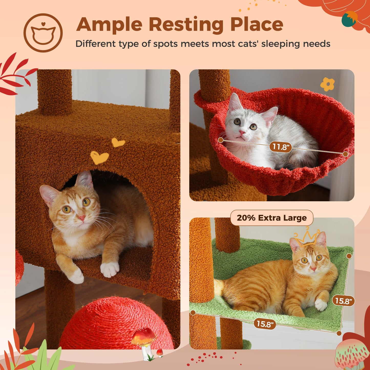 Adjustable Cat Tree 230-252cm Floor to Ceiling Cat Condo with Hanging Ball 5 Scratching Posts Hammock and Ample Resting Place for Cats