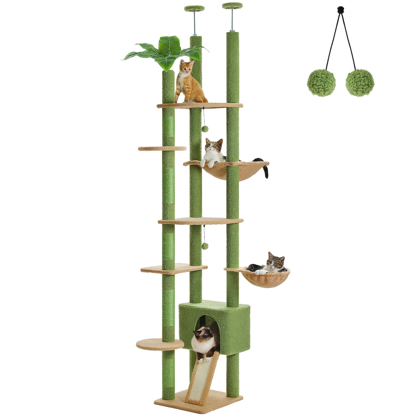 Adjustable Cat Tree 230-252cm Floor to Ceiling Cat Condo with Hanging Ball 5 Scratching Posts Hammock and Ample Resting Place for Cats
