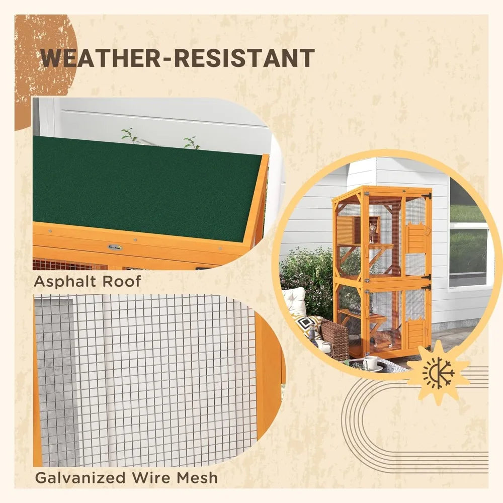 Wooden Catio with Waterproof Roof Large Cat House with High-Up Resting Box Indoor and Outdoor Cat Enclosure with Wheels