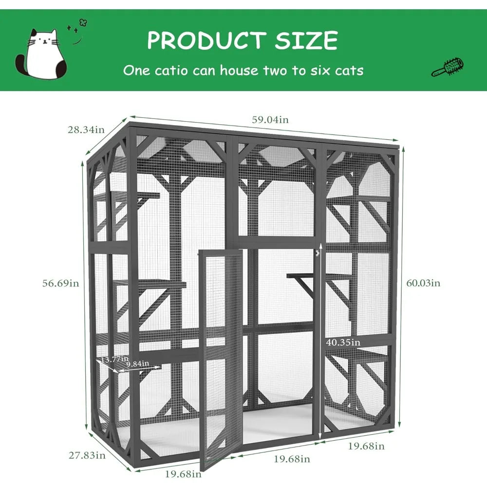Outdoor Wooden Cat House Catio Large Cat Enclosure with 6 Platforms Waterproof Roof Secure Mesh Walls and Locking Door Feral Cat Shelter