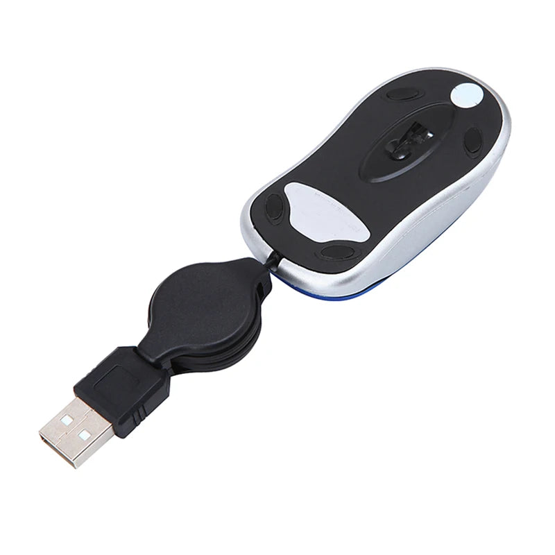 Mini USB Wired Mouse with Retractable Cable Tiny Compact Travel Mouse 1600 DPI Optical for Windows 98 2000 XP Vista Silver