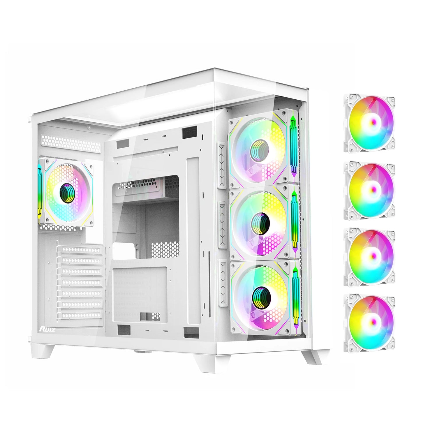 Ruix OV403 ATX Mid Tower PC Case with Pre Installed 4 120mm Prism ARGB PWM Fans and Graphics Card Holder Three Sided Tempered Glass