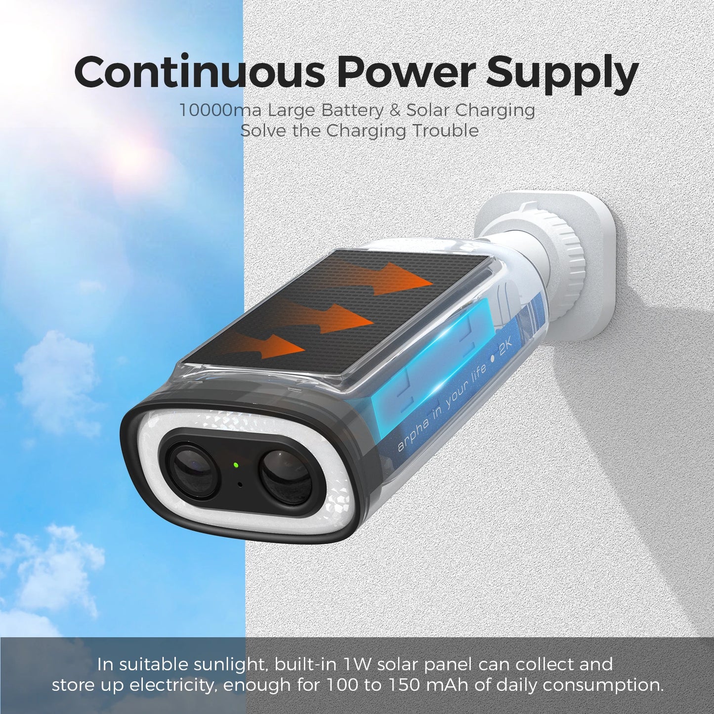 Arpha Security K06 SoloCam Outdoor Wireless Solar Camera 2K WiFi Camera with PIR Detection and 10000mAh Removable Battery Waterproof