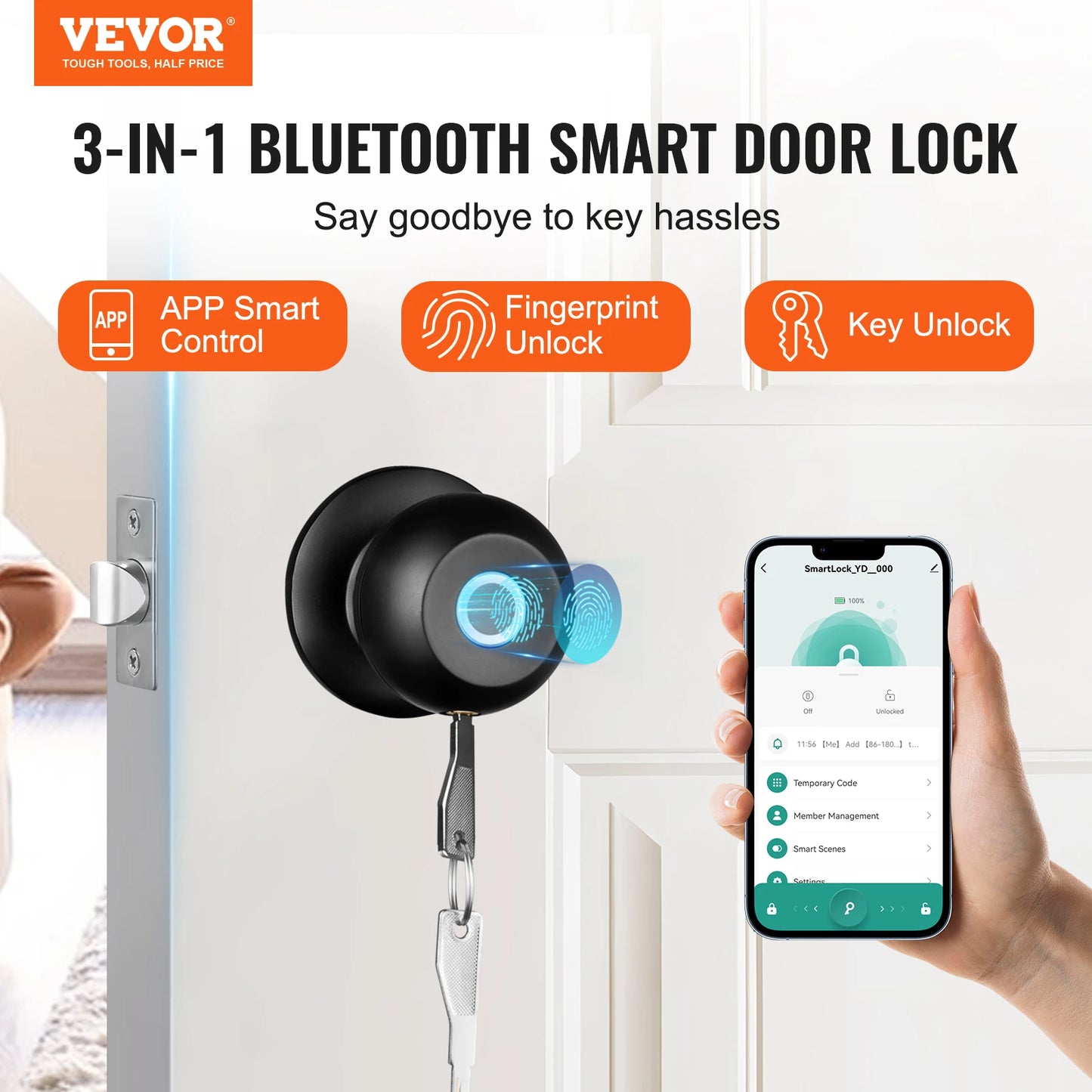VEVOR Smart Door Knob Biometric Bluetooth Smart Lock Fingerprint App Control Easy Installation