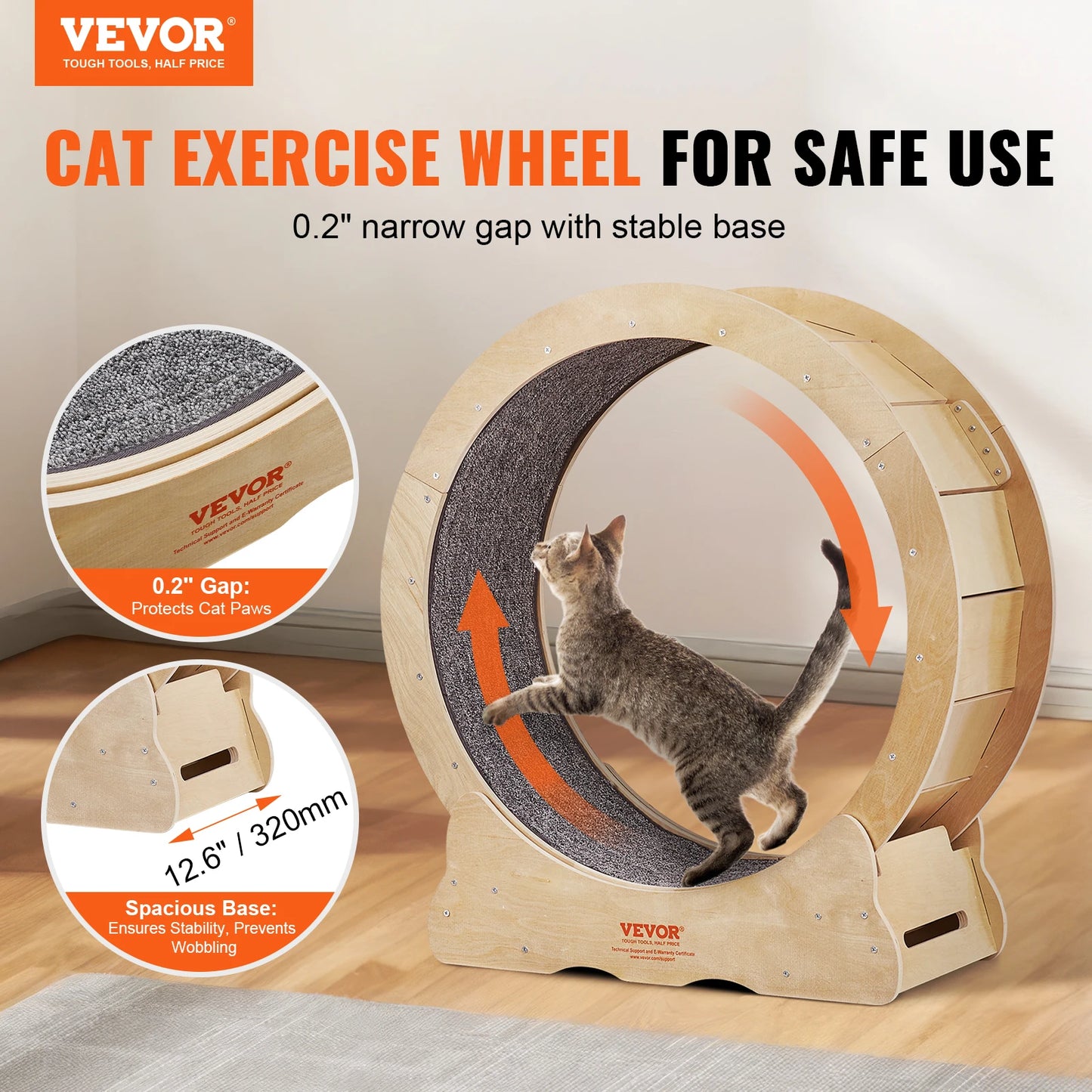 Vevor Cat Exercise Wheel Natural Wood Silent Running Treadmill Roller Wheel with Detachable Carpet for Most Cats