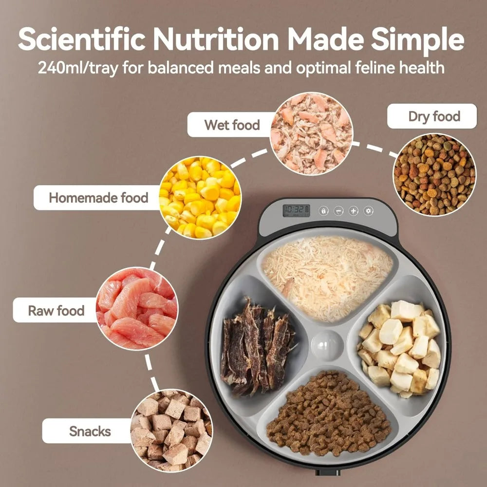 Automatic Cat Feeder Wet Food Dispenser Cordless Four Meals