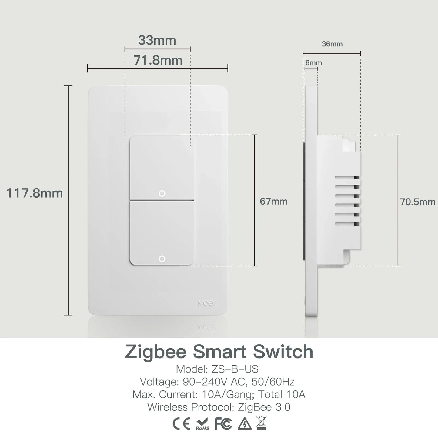 MOES Tuya ZigBee Smart Light Switch US Push Button Wall Switch Compatible With Alexa Google Home Neutral Wire No Neutral Wire Required