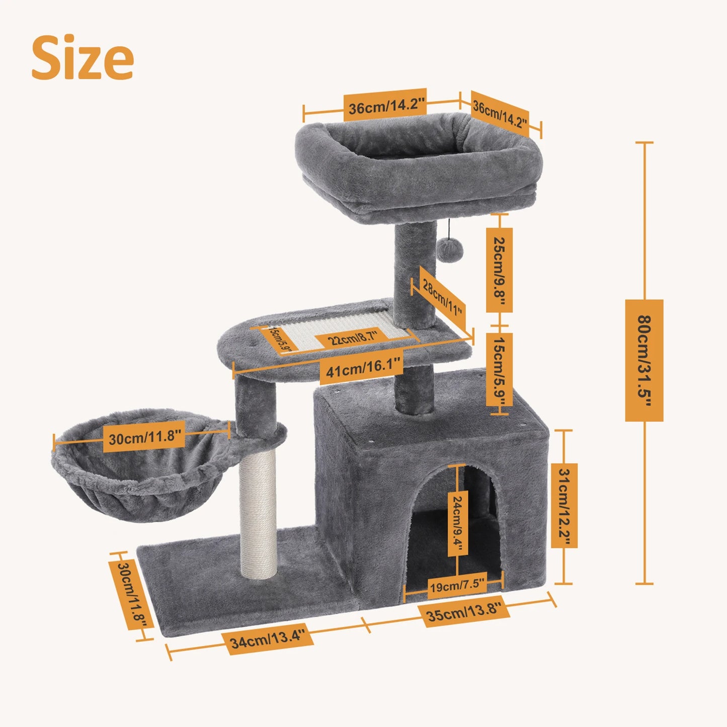 Cat Tree Cat Tower for Indoor Cats with Scratching Posts Big Hammock and Removable Top Perch in Grey
