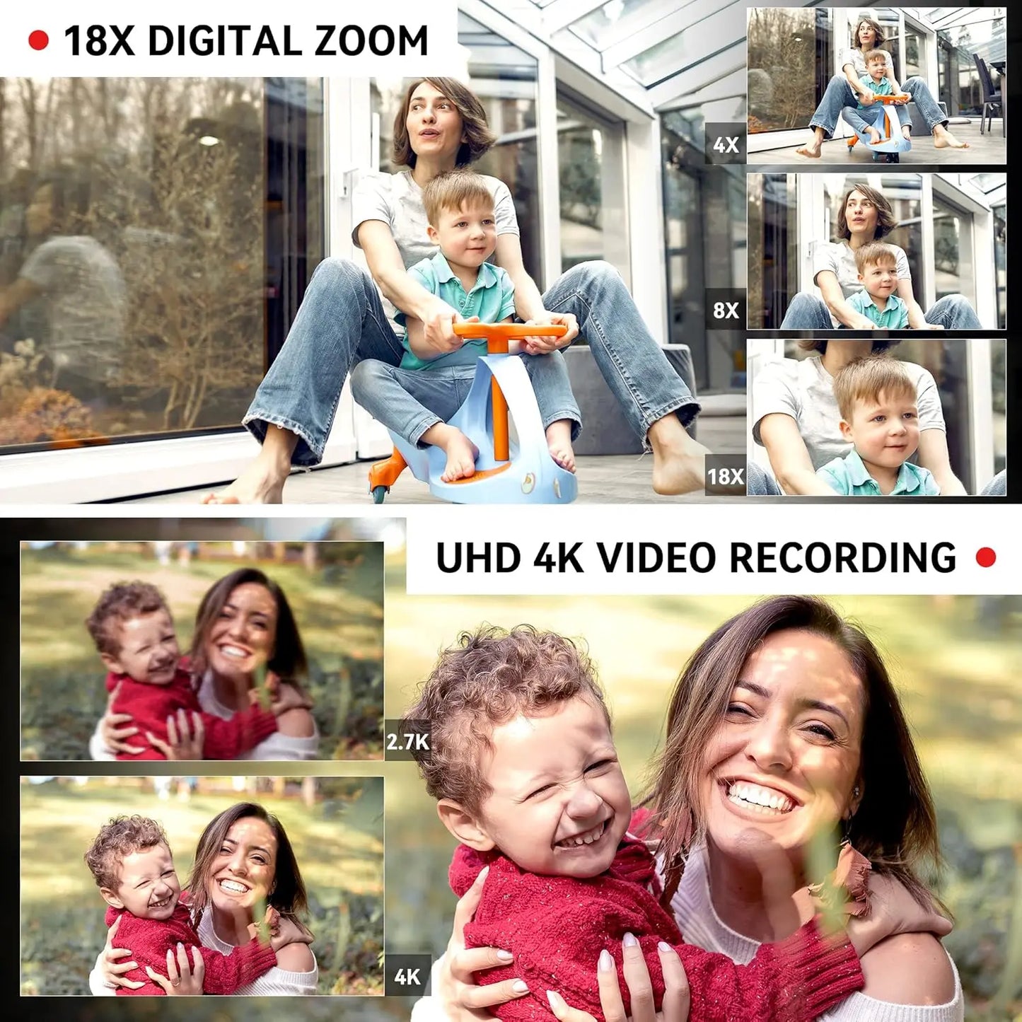 UHD 4K Video Camera Camcorder with 18X Digital Zoom 64MP Digital Camera Recorder 4.0 Inch Rotating Touchscreen 64GB SD Card