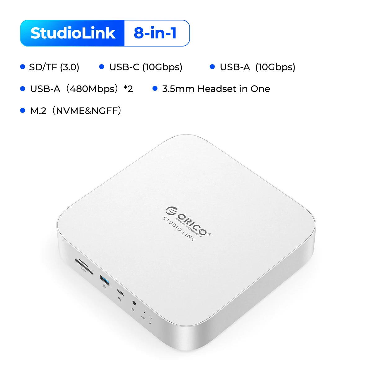 Orico StudioLink USB C Hub USB 3.2 10GB SD TF 3.0 8 in 1 Docking Station for Mac Mini Chassis with M.2 NVME Solid State Drive