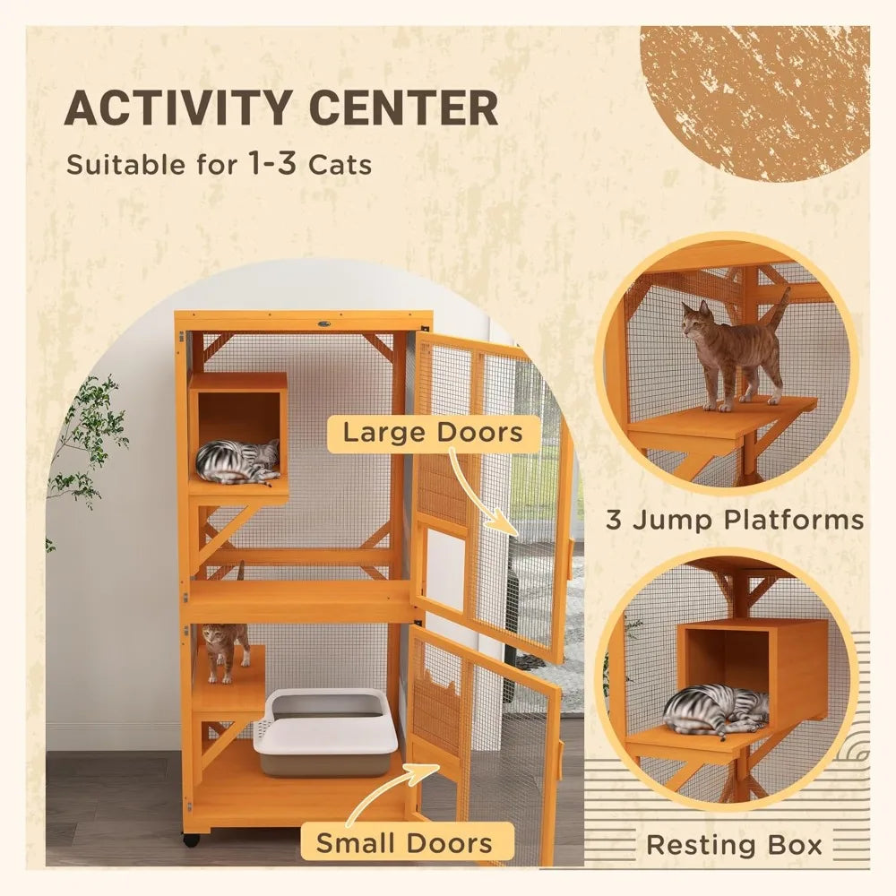 Wooden Catio with Waterproof Roof Large Cat House with High-Up Resting Box Indoor and Outdoor Cat Enclosure with Wheels