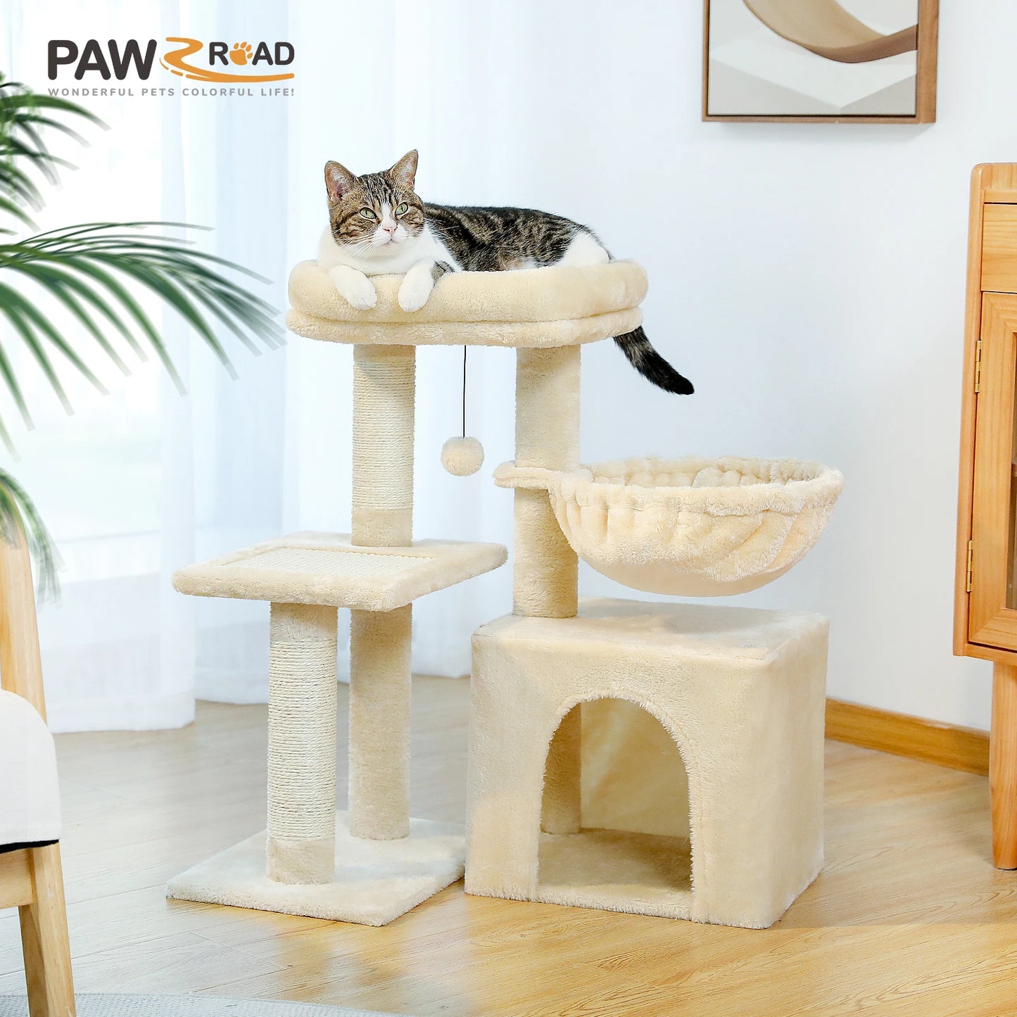 Cat Tree Cat Tower for Indoor Cats with Scratching Posts Big Hammock and Removable Top Perch in Grey