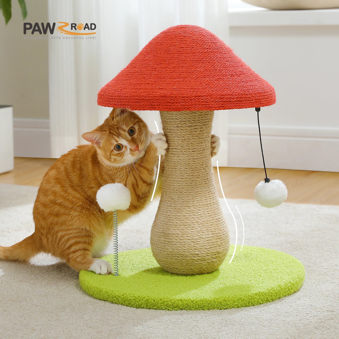 Mushroom Cat Scratching Post Cute Cat Scratcher with 100 Percent Sisal Covered Scratching Post and Pompoms Cat Toy