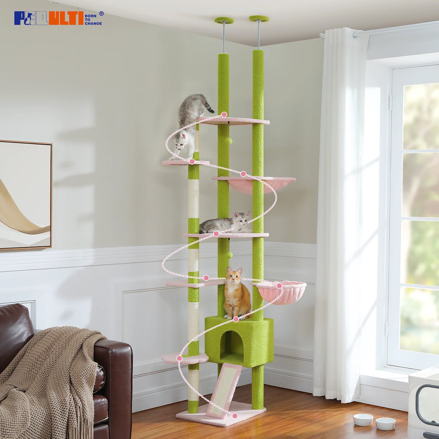 Adjustable Cat Tree 230-252cm Floor to Ceiling Cat Condo with Hanging Ball 5 Scratching Posts Hammock and Ample Resting Place for Cats