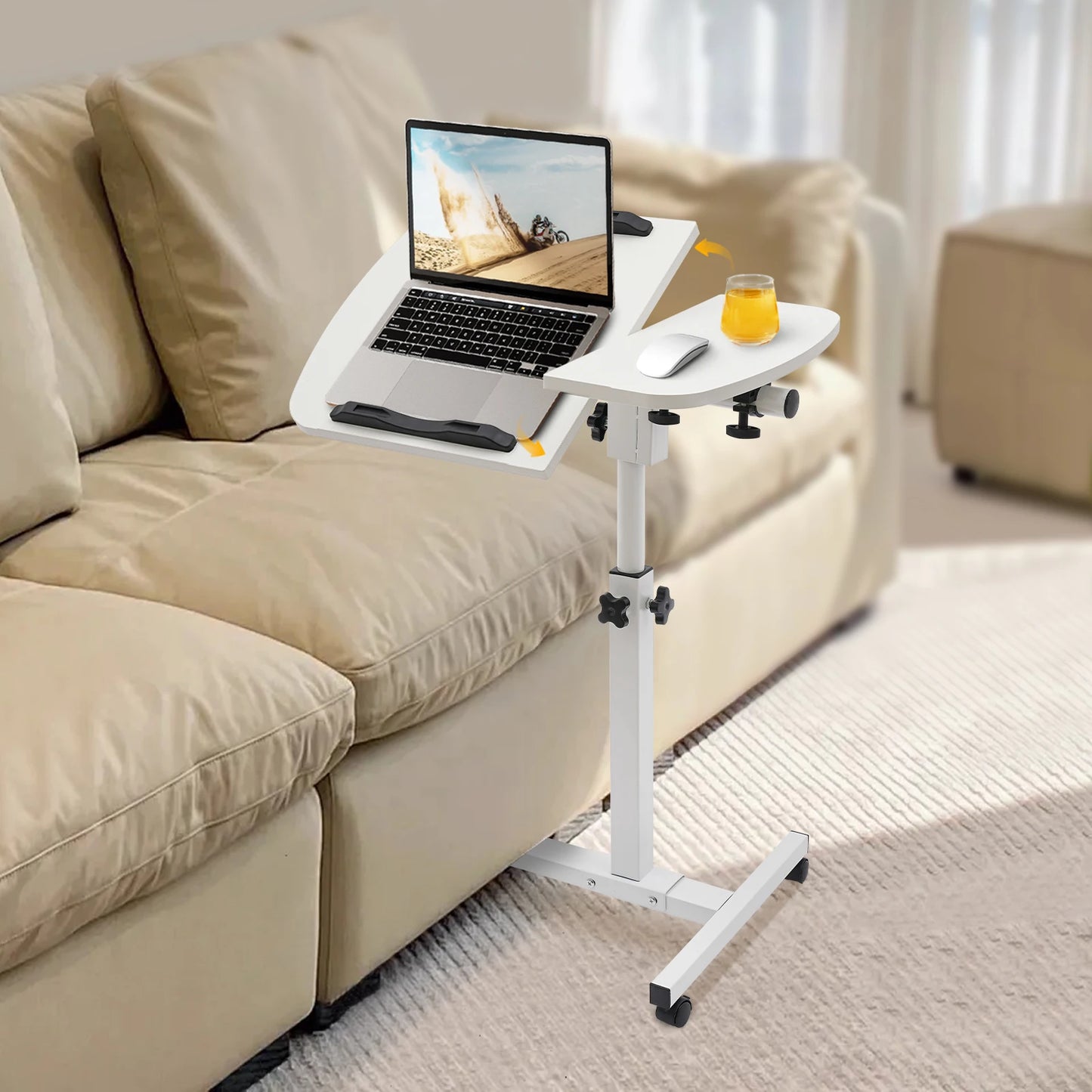 Height Adjustable White Computer Desk Stand with Wheels Rolling Laptop Table for Bedroom Living Room Study Office