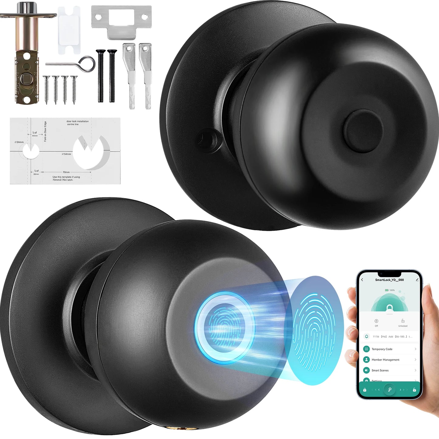 VEVOR Smart Door Knob Biometric Bluetooth Smart Lock Fingerprint App Control Easy Installation