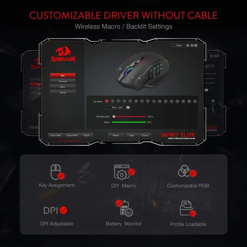 Redragon M913 Gaming Mouse 16000 DPI Wired 2.4GHz Wireless RGB Optical with 16 Programmable Buttons Black and White