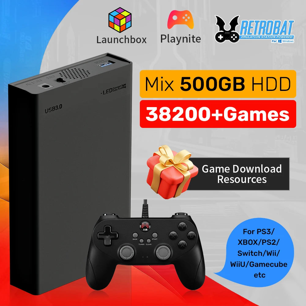 500GB Gaming HDD Retrobat Launchbox Playnite OS Retro Video Game Console for PS3 Switch Xbox PS2 Wii WiiU with 38200 Plus Games