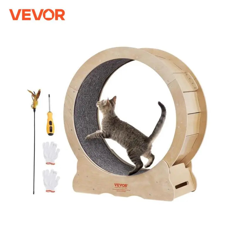 Vevor Cat Exercise Wheel Natural Wood Silent Running Treadmill Roller Wheel with Detachable Carpet for Most Cats