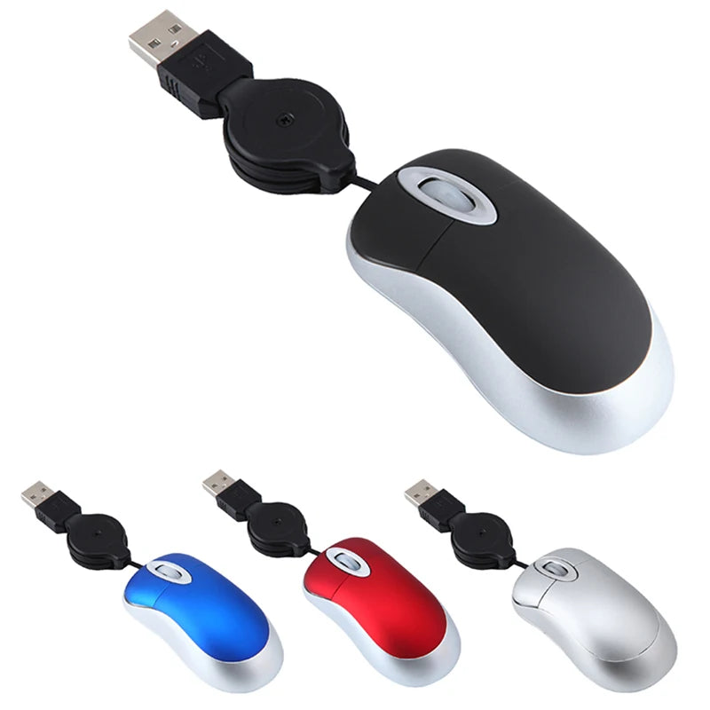 Mini USB Wired Mouse with Retractable Cable Tiny Compact Travel Mouse 1600 DPI Optical for Windows 98 2000 XP Vista Silver