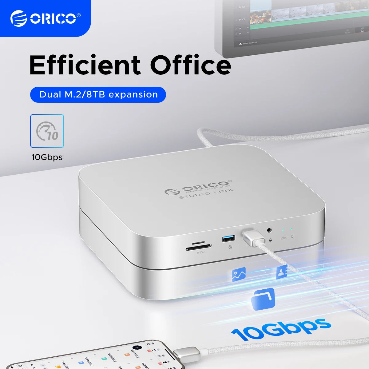 Orico StudioLink USB C Hub USB 3.2 10GB SD TF 3.0 8 in 1 Docking Station for Mac Mini Chassis with M.2 NVME Solid State Drive