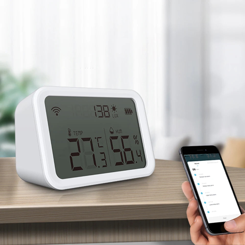 3 In 1 Wifi Temperature Humidity Brightness Sensor Alarm Illumination Sensors Battery Powered Large LCD Display for Smart Home