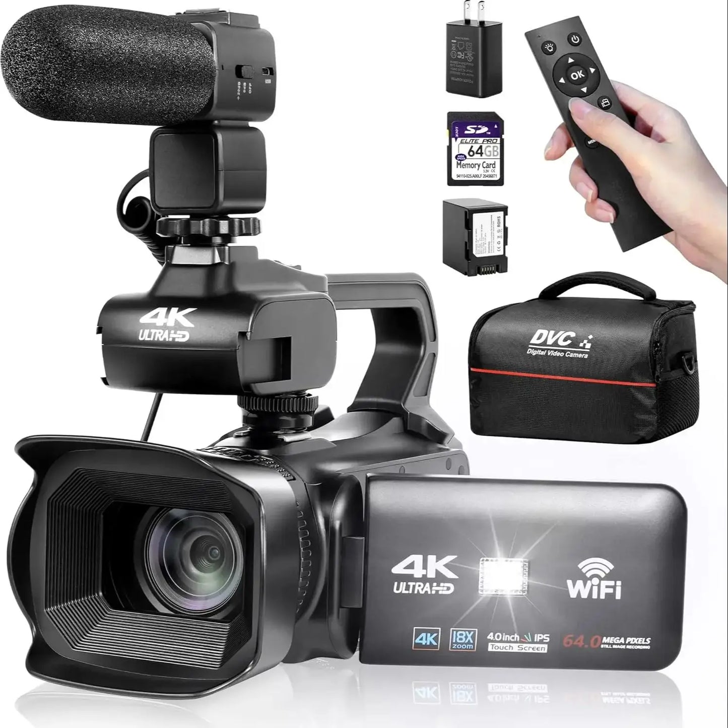 UHD 4K Video Camera Camcorder with 18X Digital Zoom 64MP Digital Camera Recorder 4.0 Inch Rotating Touchscreen 64GB SD Card