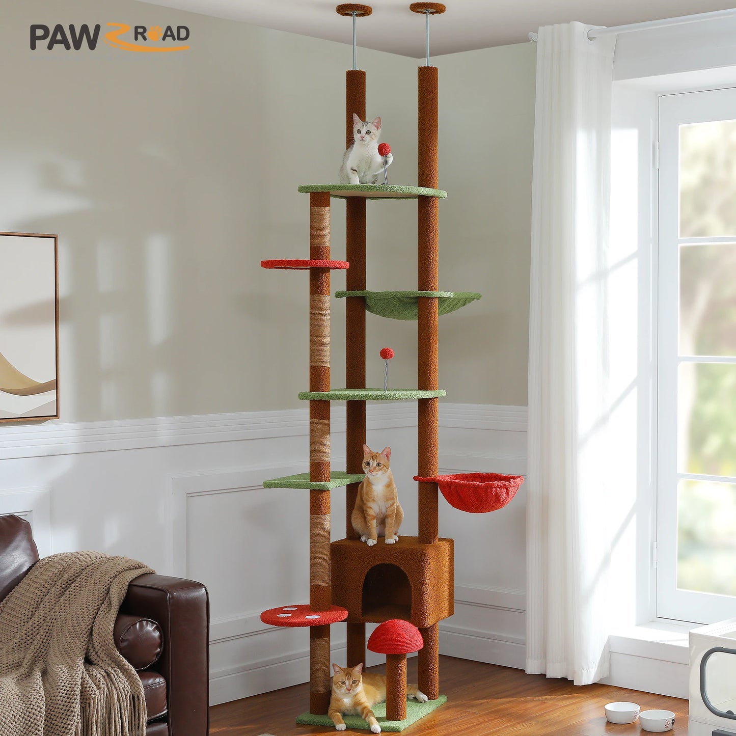 Adjustable Cat Tree 230-252cm Floor to Ceiling Cat Condo with Hanging Ball 5 Scratching Posts Hammock and Ample Resting Place for Cats