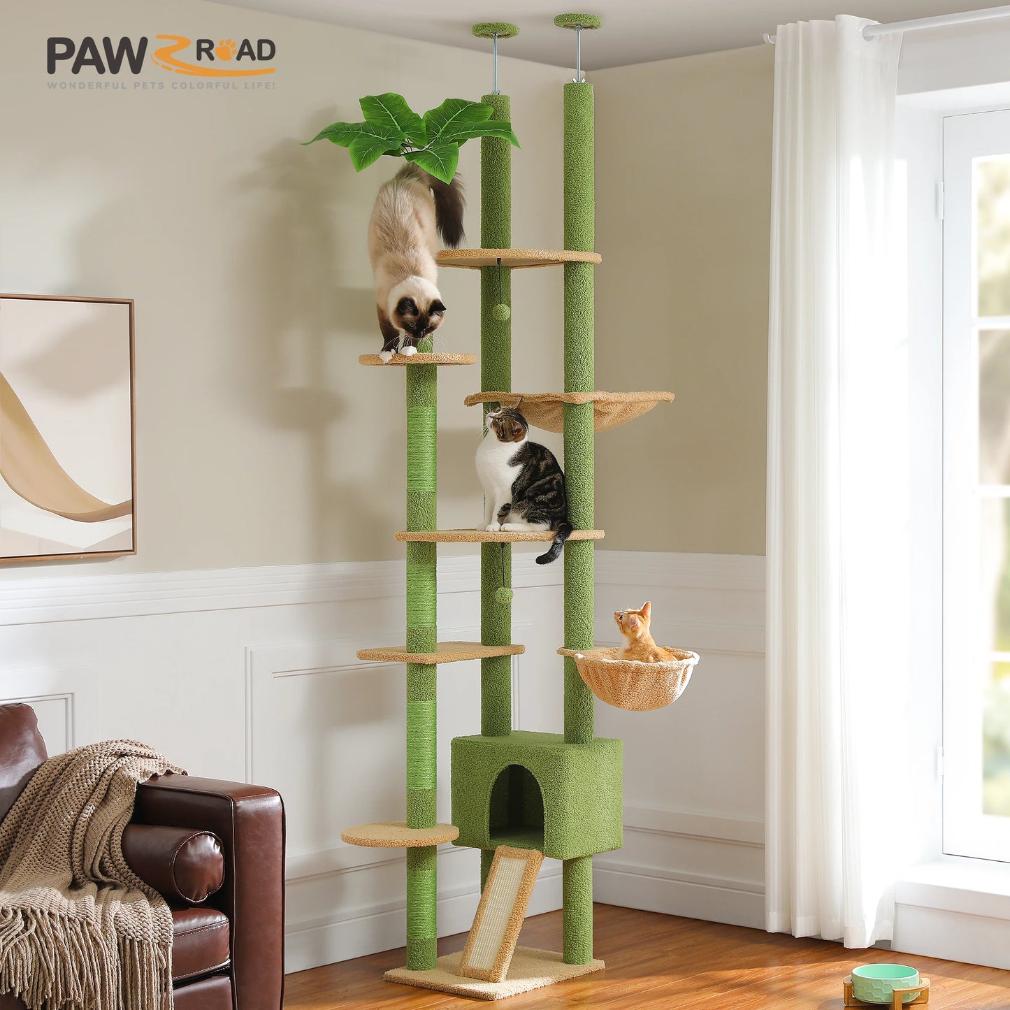 Adjustable Cat Tree 230-252cm Floor to Ceiling Cat Condo with Hanging Ball 5 Scratching Posts Hammock and Ample Resting Place for Cats