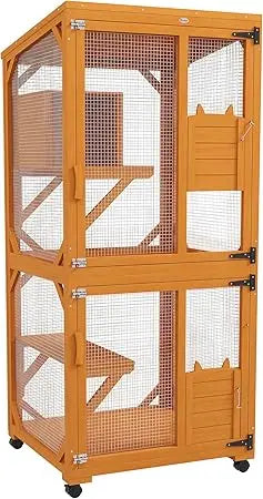 Wooden Catio with Waterproof Roof Large Cat House with High-Up Resting Box Indoor and Outdoor Cat Enclosure with Wheels