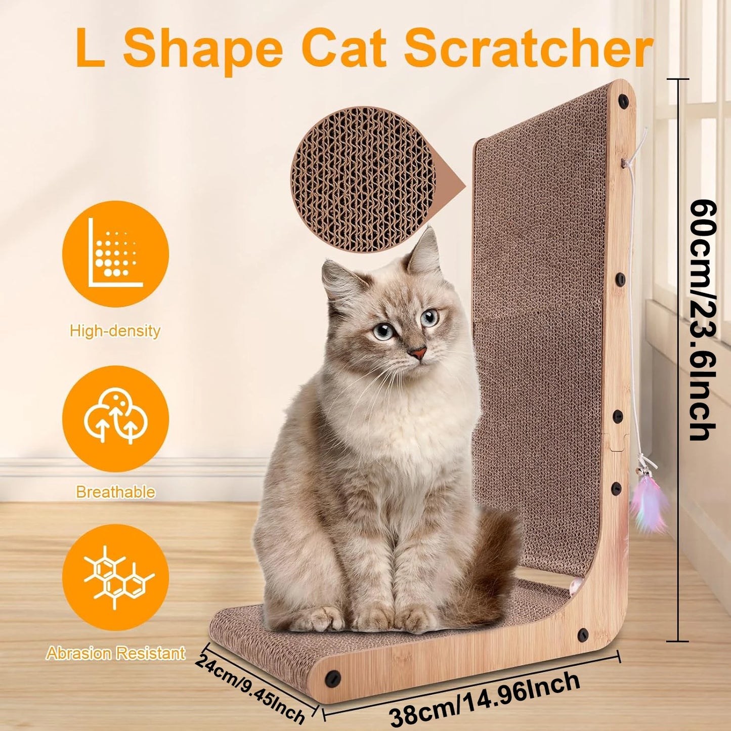 L Shape Cat Scratcher 23.6 Inch Cardboard Scratching Pad for Indoor Cats Furniture Protection