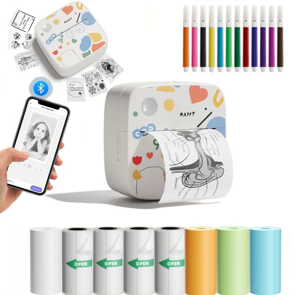 B4 Mini Portable Printer For Photo With 8 Roll Sticker Thermal Color Pocket Label Maker Bluetooth Office Printing